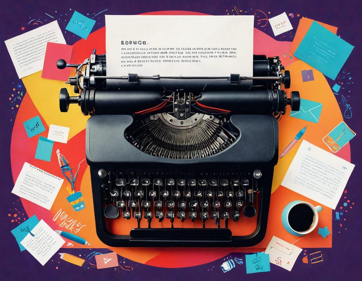 A vintage typewriter surrounded by colorful blog-related icons like pens, laptops, and voice microphones, symbolizing creativity and expression. In the background, soft waves of digital data flow, representing the online blogging landscape. Bright and inviting colors to inspire creativity, with a hint of a sunrise to signify new beginnings. super-realistic. vibrant colors. soft focus.