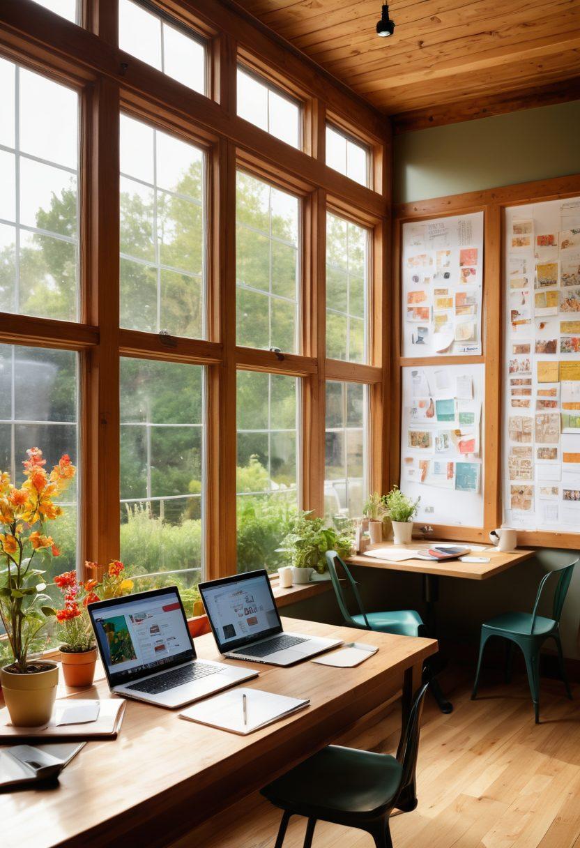 A vibrant scene depicting a diverse group of bloggers passionately creating content in a cozy, sunlit room filled with laptops, notebooks, and coffee mugs. One blogger is animatedly discussing ideas while another is engaging with their audience on social media. The walls are adorned with inspirational quotes and colorful charts illustrating growth strategies. A large window overlooks a beautiful community garden, symbolizing audience growth and connection. super-realistic. bright and lively colors.