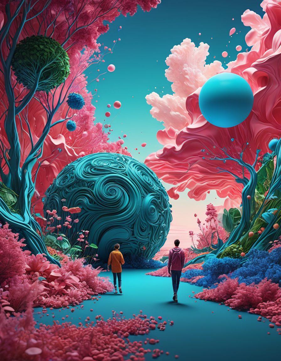 A dynamic landscape showcasing a diverse group of content creators engaged in various forms of content creation, depicted as navigating through an abstract digital world filled with vibrant information streams and interconnected nodes. Each creator is using different technology tools, symbolizing collaboration and competition. The background is a swirling mix of colors representing creativity and challenge. The scene conveys energy and innovation in a modern digital setting. super-realistic. vibrant colors. 3D.